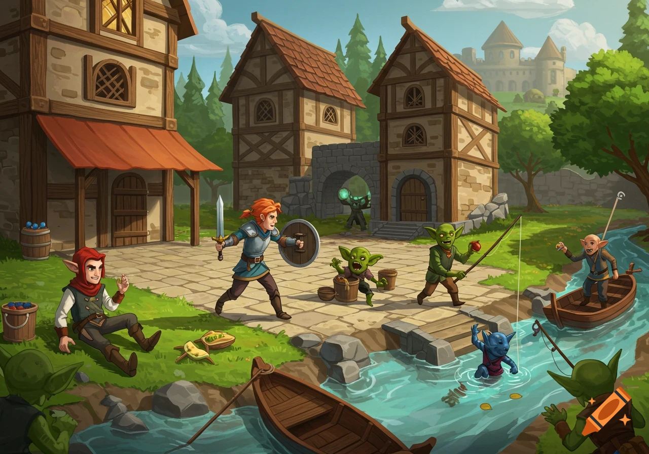 A cartoon fantasy village with an adventurer fighting goblins, others fishing by a river, and medieval buildings with a castle.