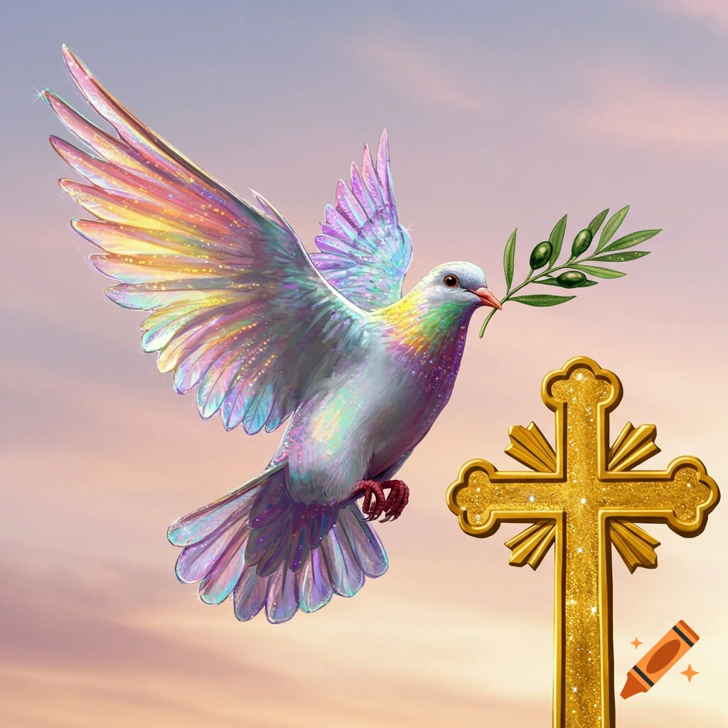 A sparkly, iridescent dove with an olive branch in its beak flies near a golden, glittery Christian cross in a soft sky.