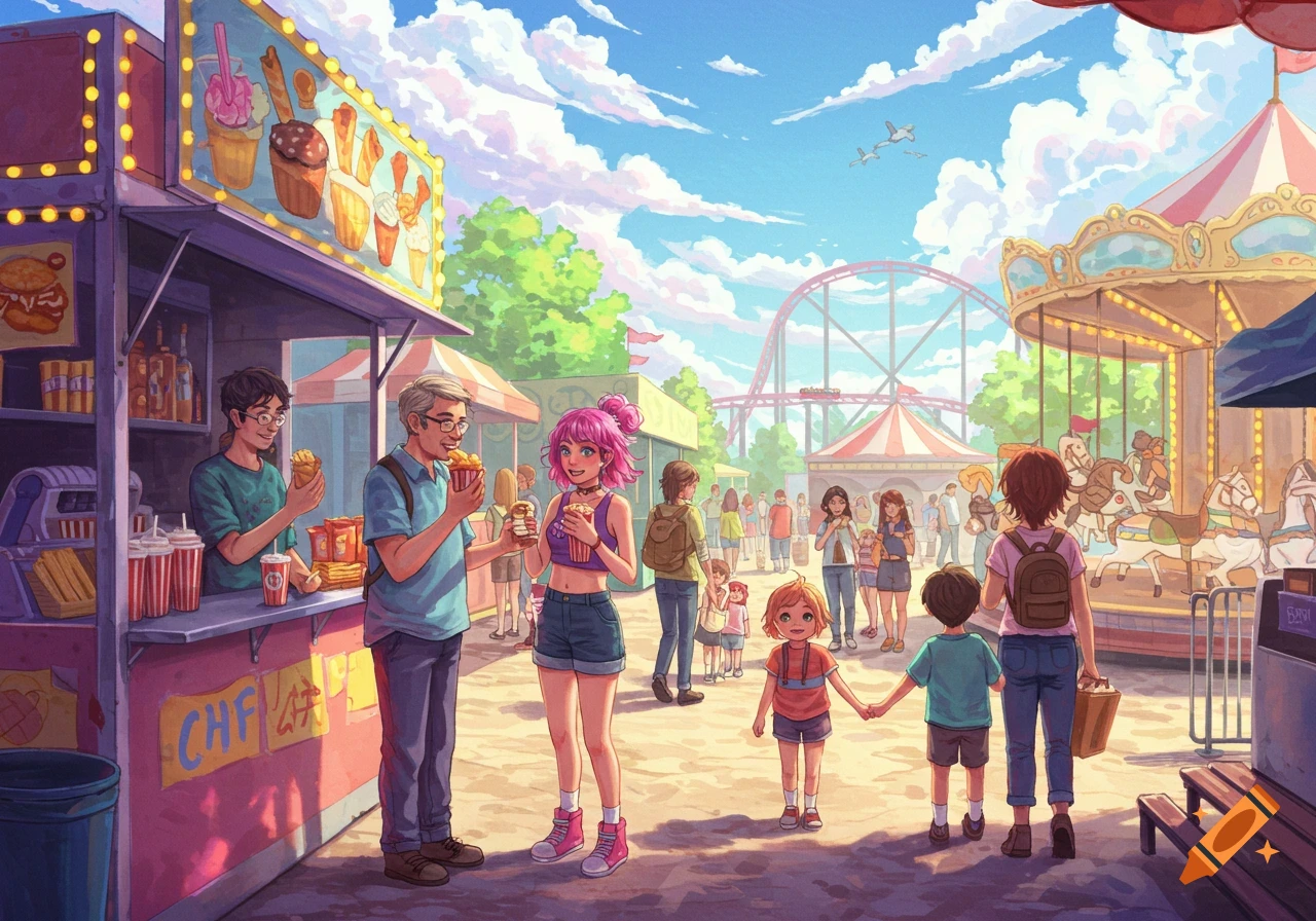 A colorful anime-style illustration of a bustling amusement park with various people enjoying rides and food stalls under a bright blue sky.