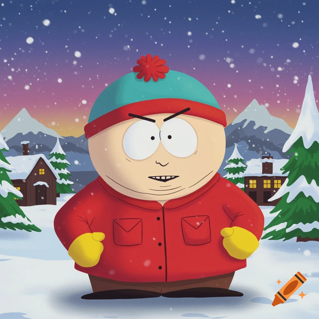 A cartoon character resembling Eric Cartman from South Park stands in a snowy winter landscape with mountains and cabins.