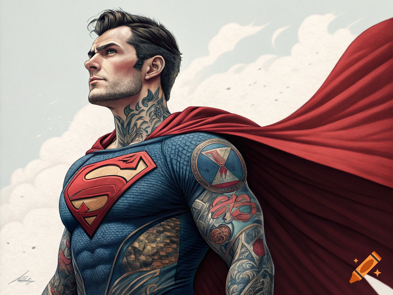 An illustrated portrait of Superman with an athletic build, featuring intricate tattoos on his neck, arms, and torso, wearing his classic blue suit with the red 'S' emblem and a flowing red cape, looking upwards with a determined expression against a light cloudy sky.