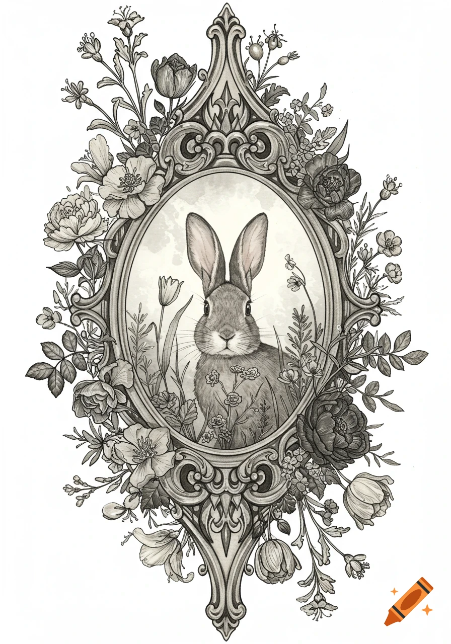 A vintage gothic-style black and white illustration of a rabbit in a floral oval frame.