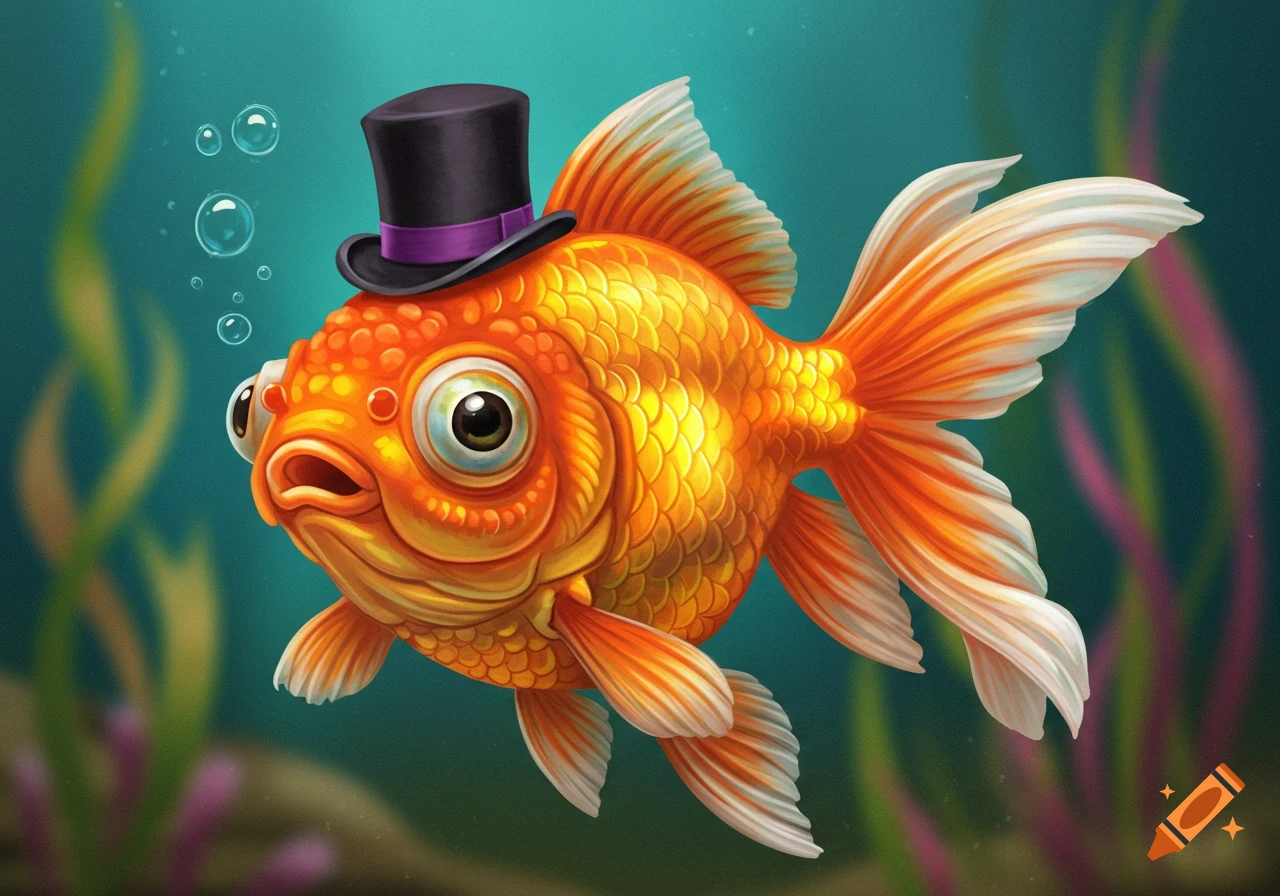 A cute, stylized illustration of a goldfish wearing a black top hat, swimming underwater with bubbles and green plants.