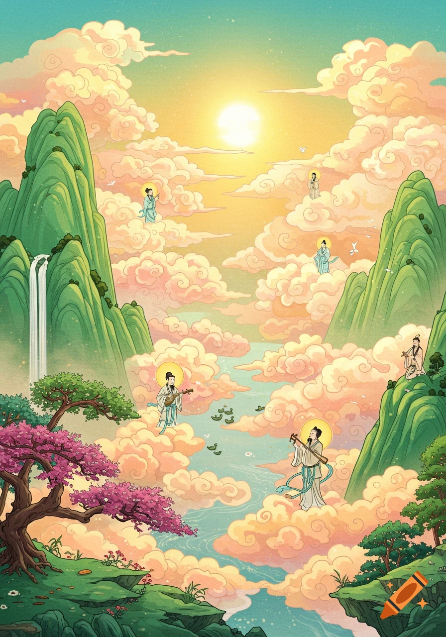A stylized celestial Chinese landscape with floating figures on clouds, mountains, a waterfall, and blooming trees under a bright sun.