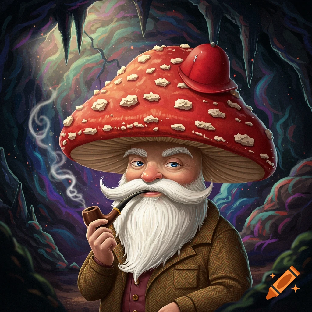 A mushroom-headed character with a white beard smokes a pipe in a colorful, psychedelic cave.