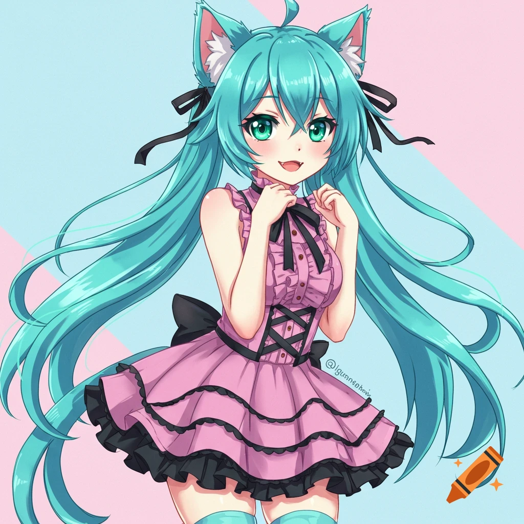 An anime girl with turquoise hair, cat ears, and a pink ruffled dress smiles against a blue and pink background.