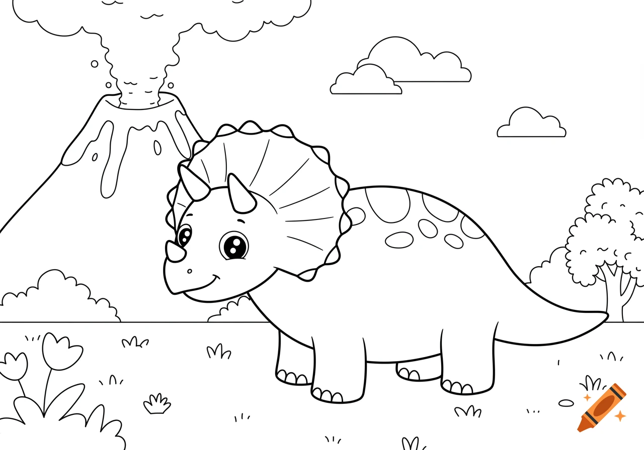 Cute triceratops line art for a coloring page, with a volcano in the background.