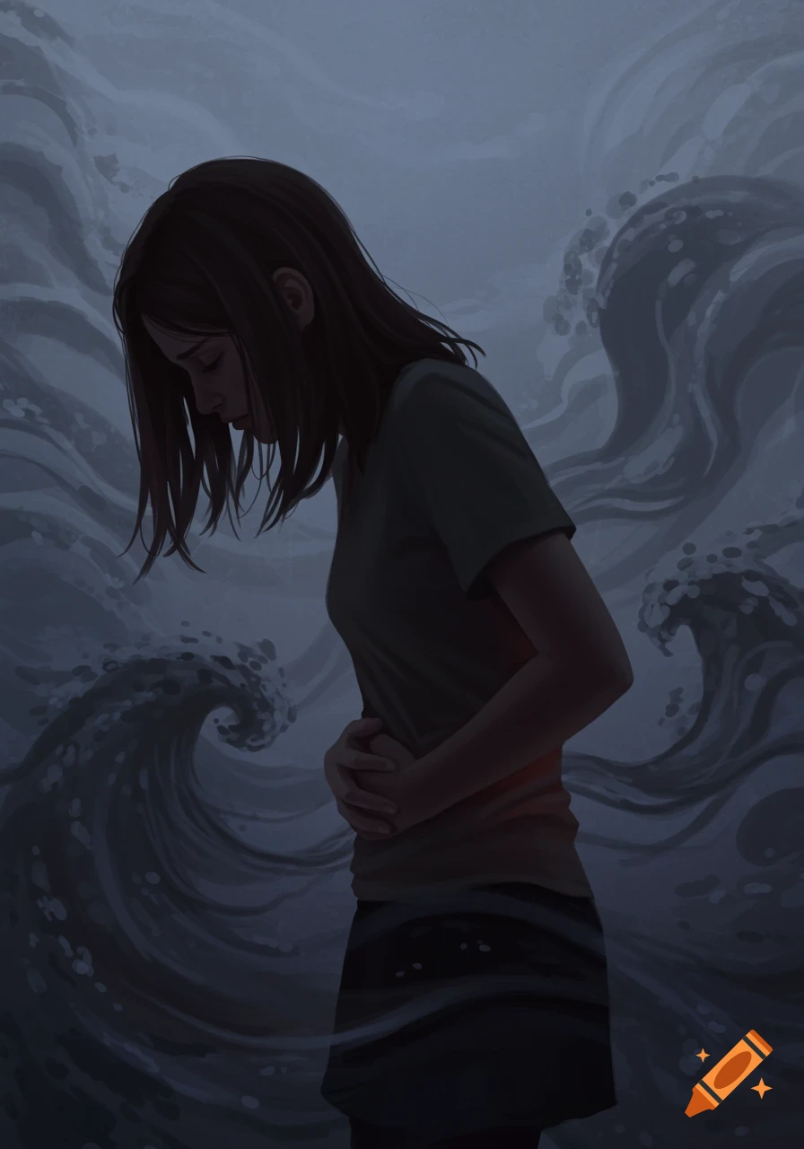 A stylized illustration of a young woman with head bowed, holding her stomach, surrounded by shadowy waves in cool tones, conveying distress.