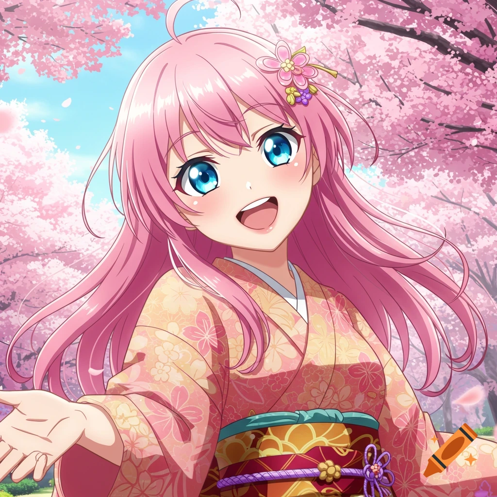 An anime girl with long pink hair and blue eyes smiles in a pink kimono under blooming cherry blossom trees.