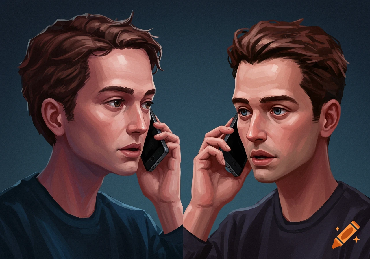 An illustration of two young men holding cell phones to their ears, looking contemplative.