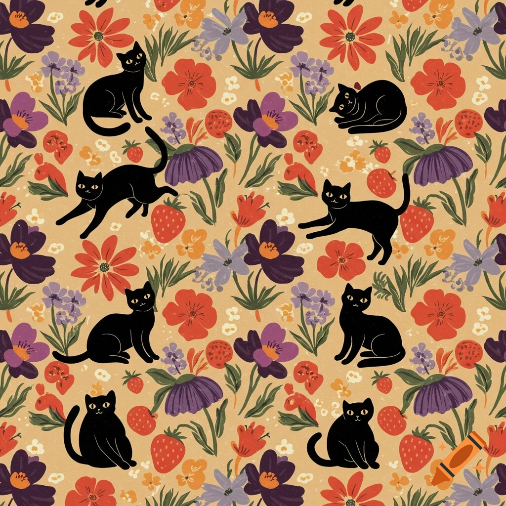 A seamless repeat pattern featuring black cats, colorful flowers in red, purple, and orange, and red strawberries on a light brown background.