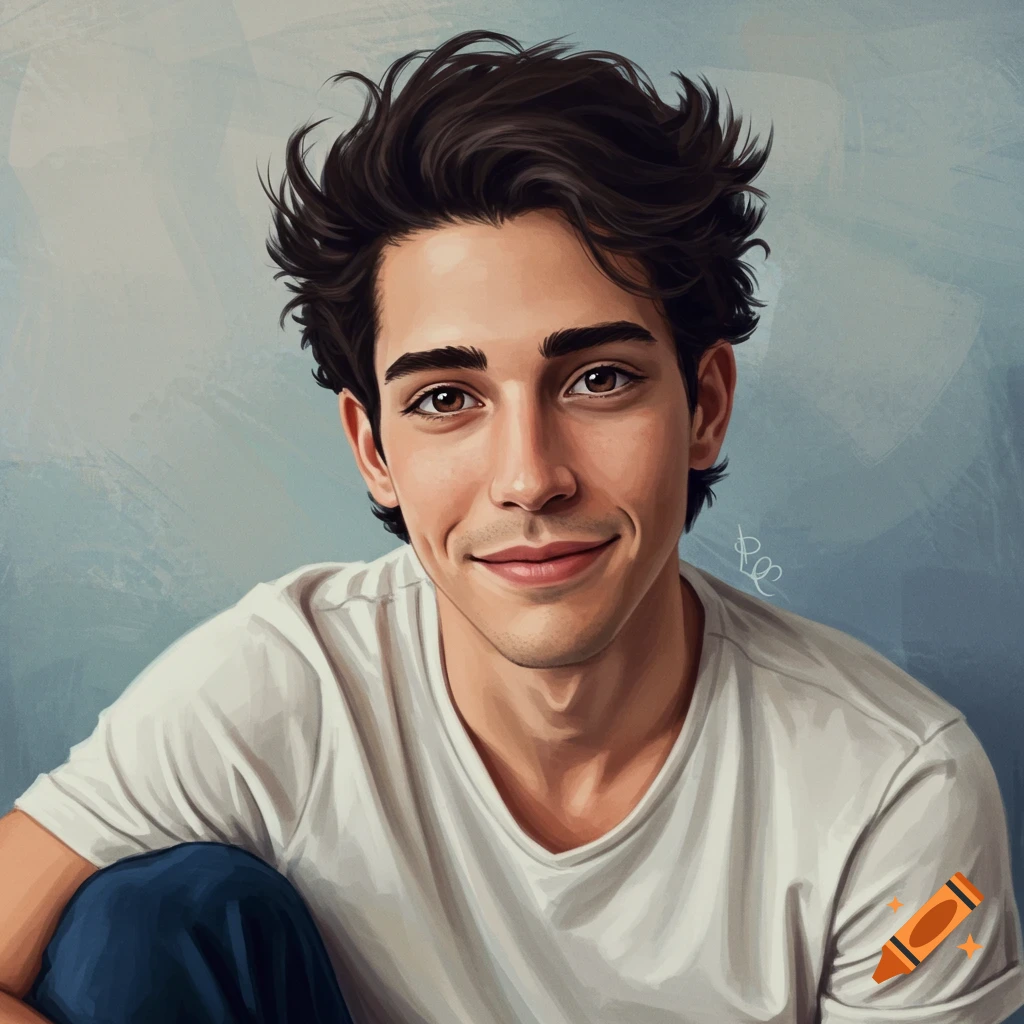 A digital painting of a young man with dark messy hair smiling, wearing a white t-shirt and blue pants.