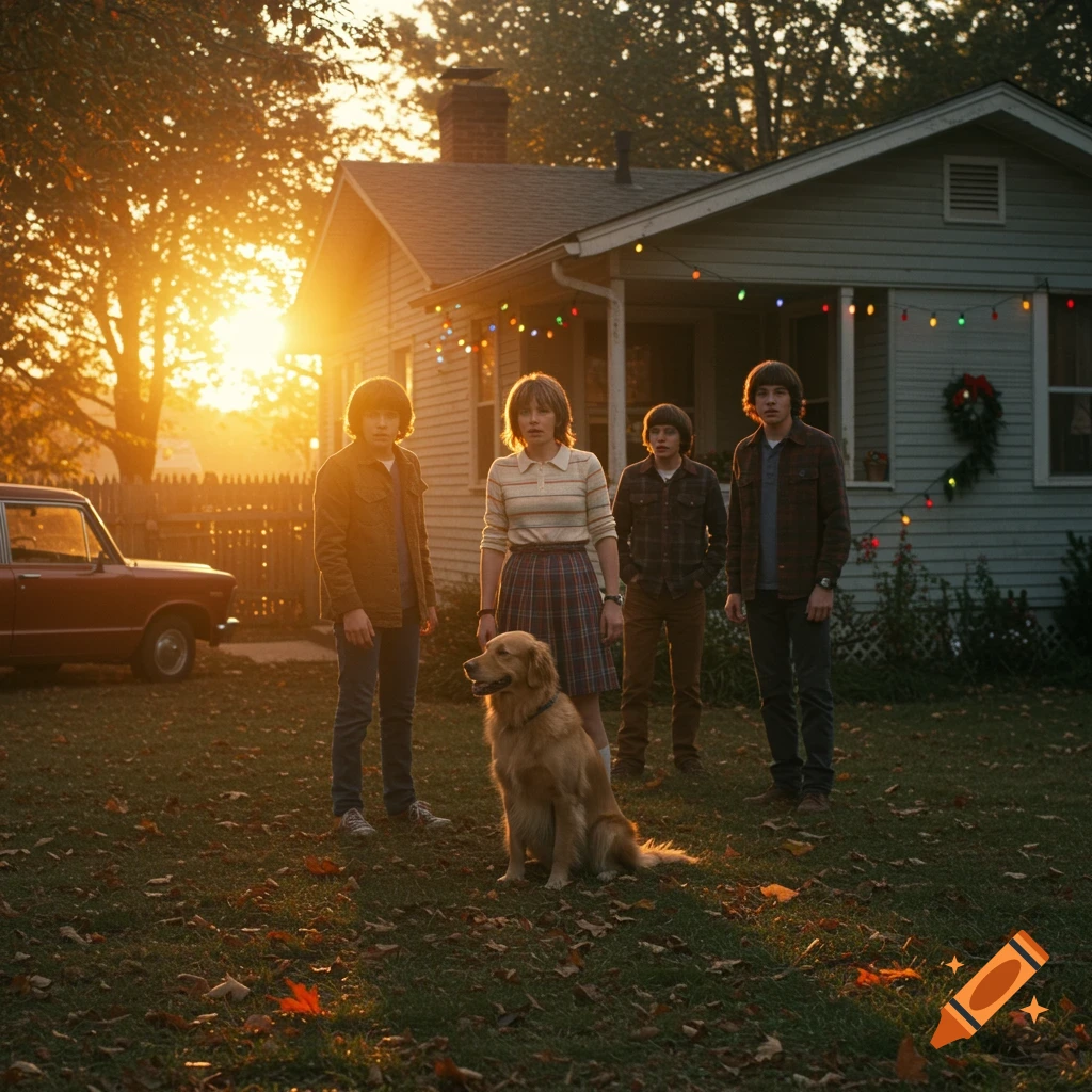 Four young people and a golden retriever stand in front of a house with Christmas lights at sunset.