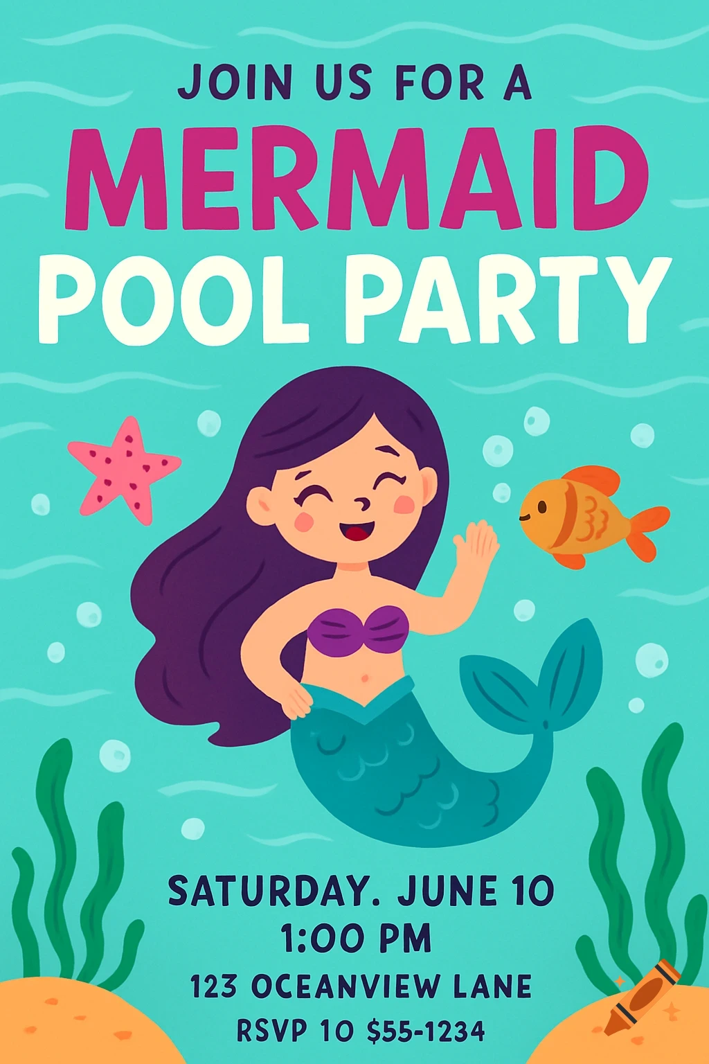 A vibrant cartoon mermaid pool party invitation featuring a happy mermaid, a starfish, and a fish underwater.
