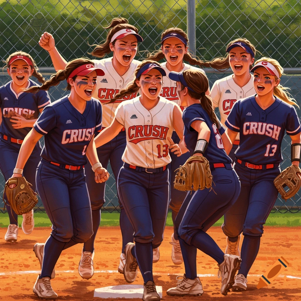 A group of female softball players in blue and white uniforms cheer enthusiastically on a dirt field with a chain-link fence in the background.