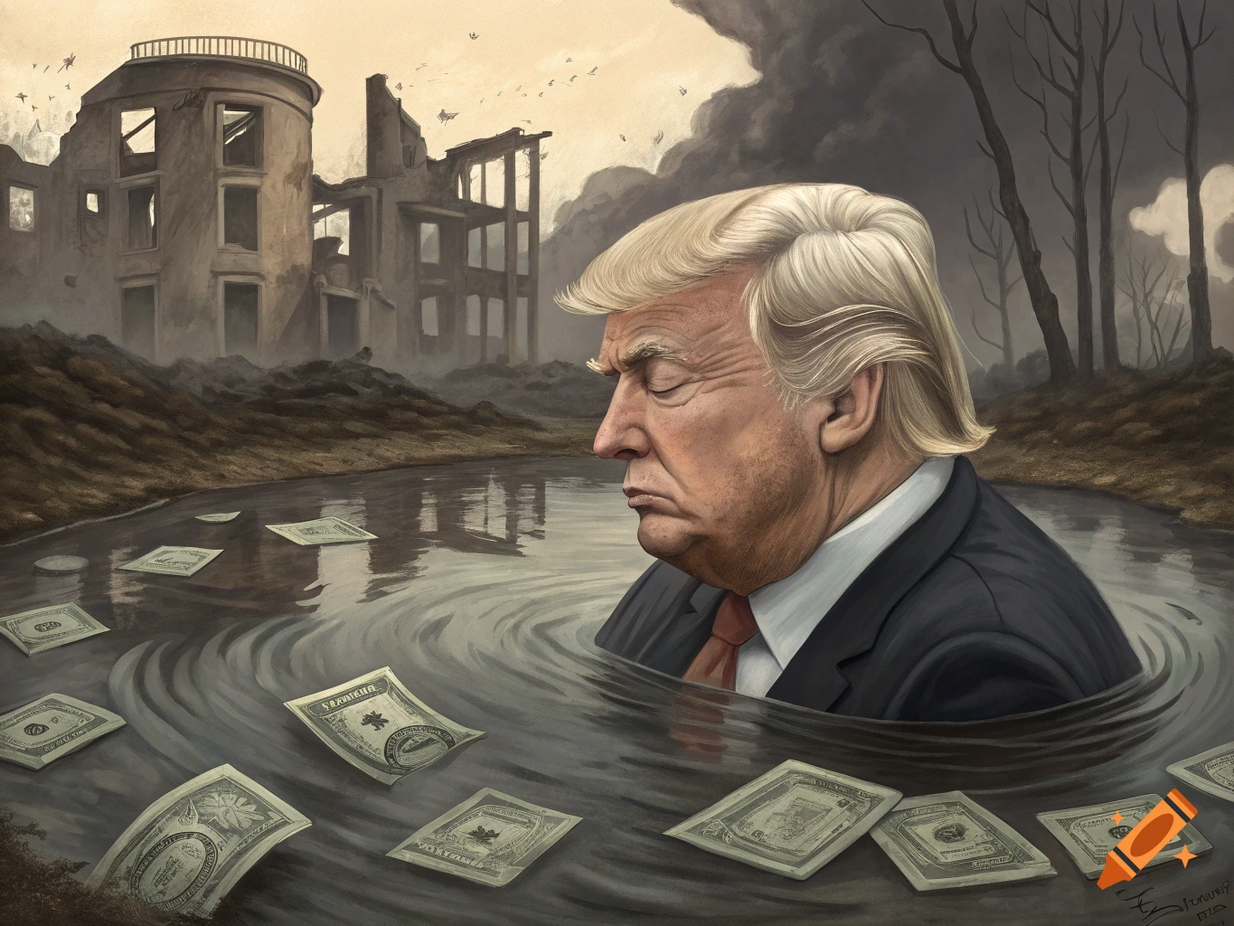 Illustration of Donald Trump submerged in dark water with money floating around him, against a backdrop of ruined buildings.