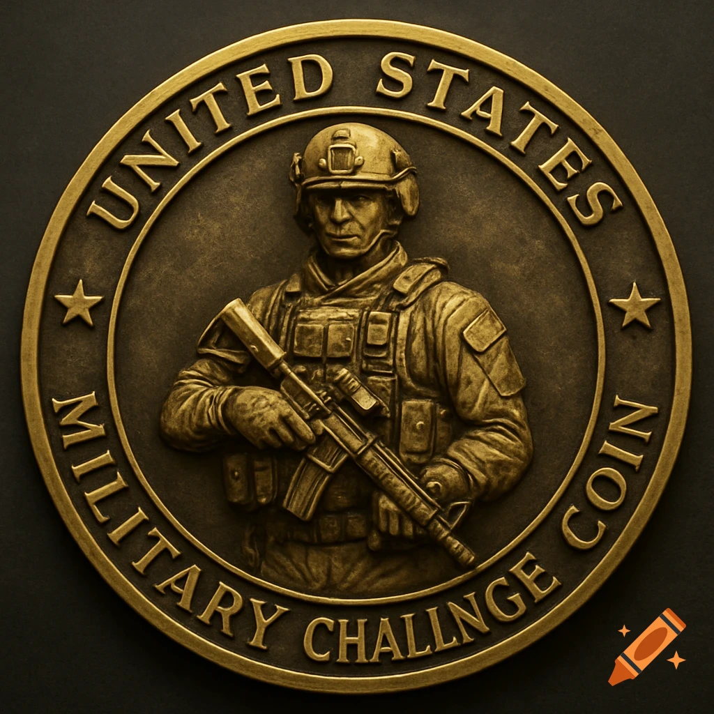 A bronze military challenge coin featuring a soldier in tactical gear holding a rifle, with text and stars around the edge.