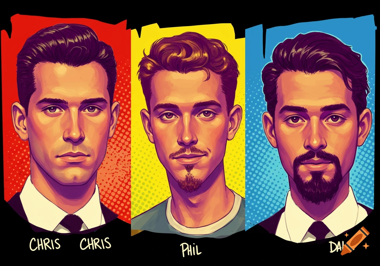 Three stylized male portraits in pop art style with red, yellow, and blue backgrounds, labeled Chris, Phil, and Dalgy.