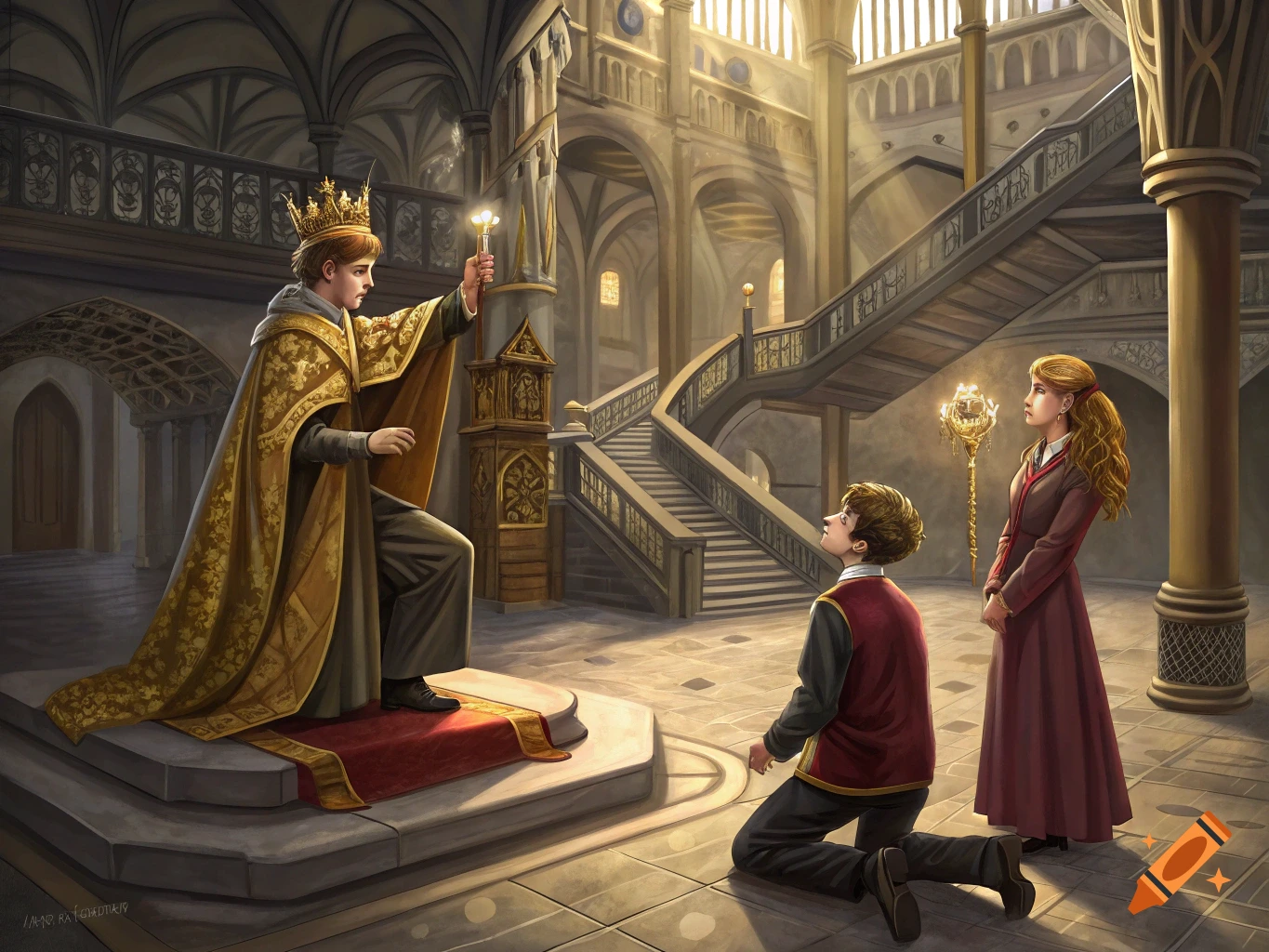 A figure in golden royal robes and a crown kneels on a raised platform, holding a glowing staff in a grand, sunlit hall with ornate architecture and staircases. Two other figures observe nearby.