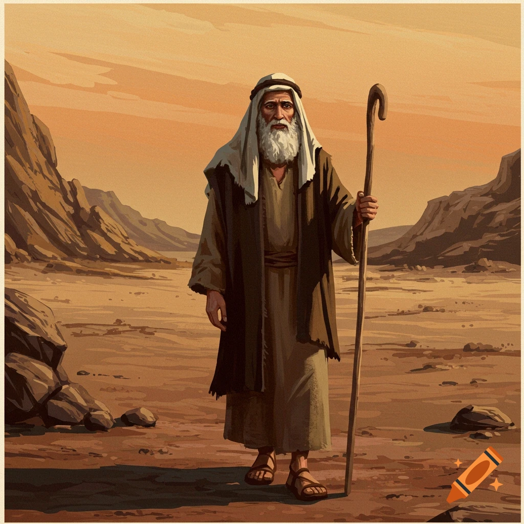 An old man with a long white beard in robes holds a staff in a barren desert landscape, illustrated.