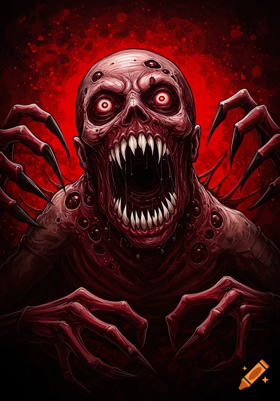 A terrifying, grotesque monster with red eyes and sharp fangs against a blood-red background.
