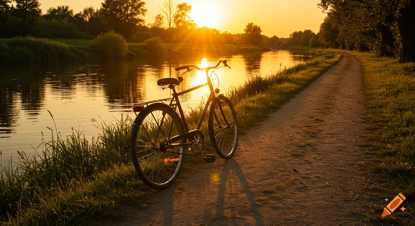 A black bicycle rests on a dirt path beside a calm river at golden hour sunset, with warm light reflecting on the water.