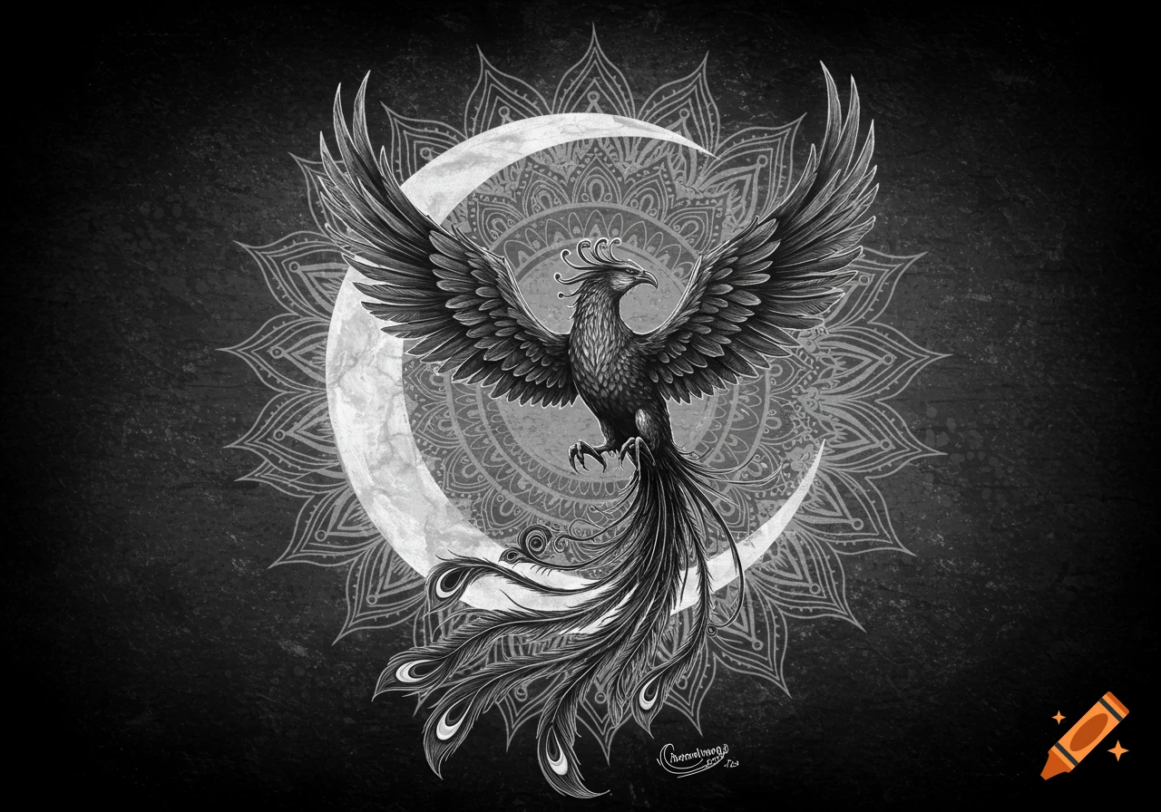 Monochrome illustration of a phoenix with outstretched wings in front of a crescent moon and mandala pattern.