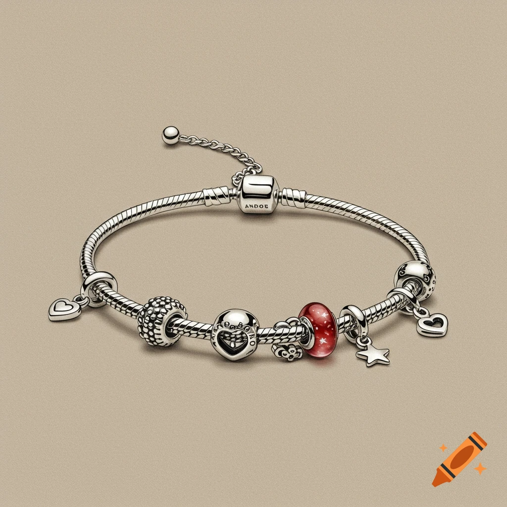 A silver charm bracelet with several charms including two hearts, a textured bead, a red glass bead with white specks, and a star, on a beige background.
