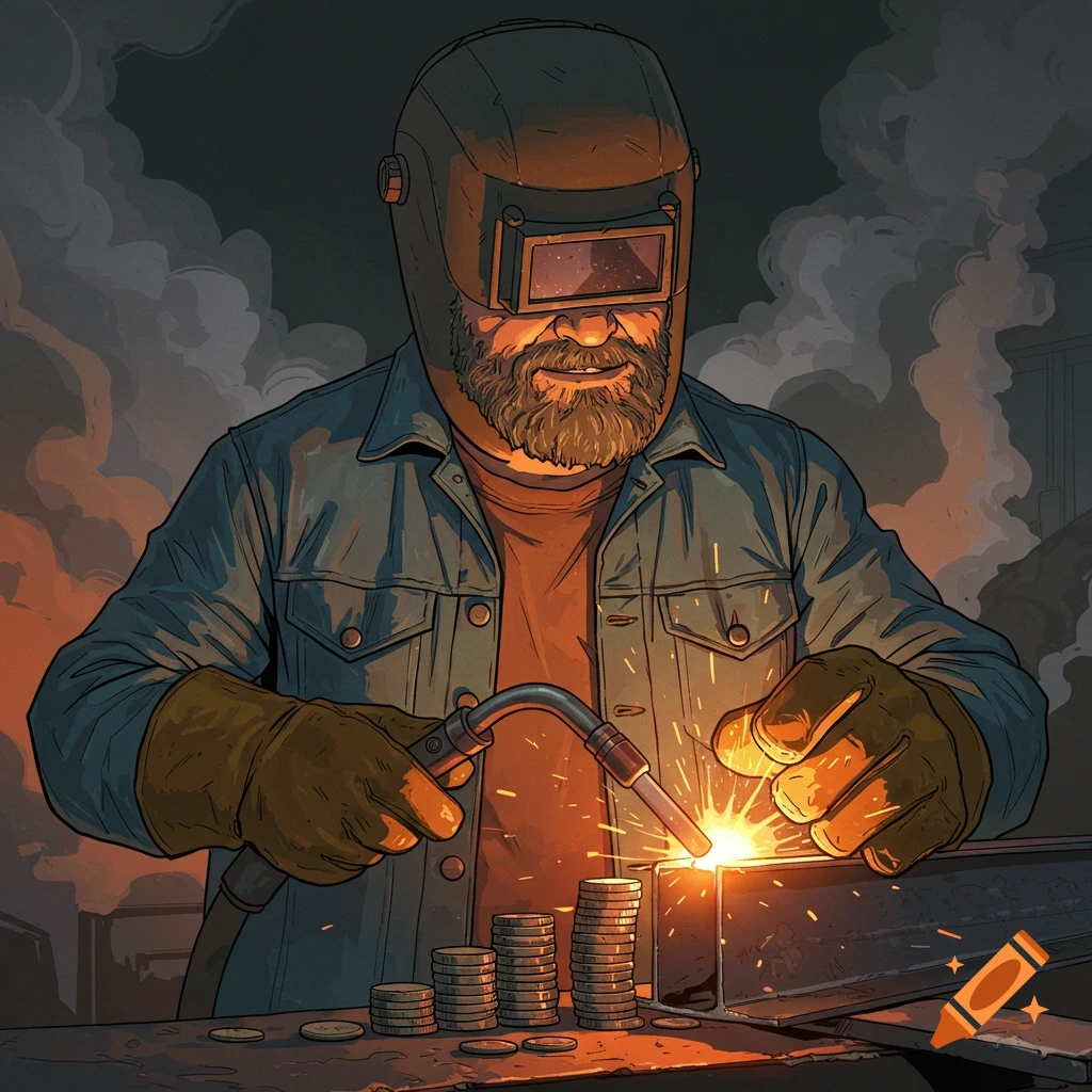 An illustrated man with a beard wearing a welding helmet and gloves welds metal while stacks of coins sit on the table.