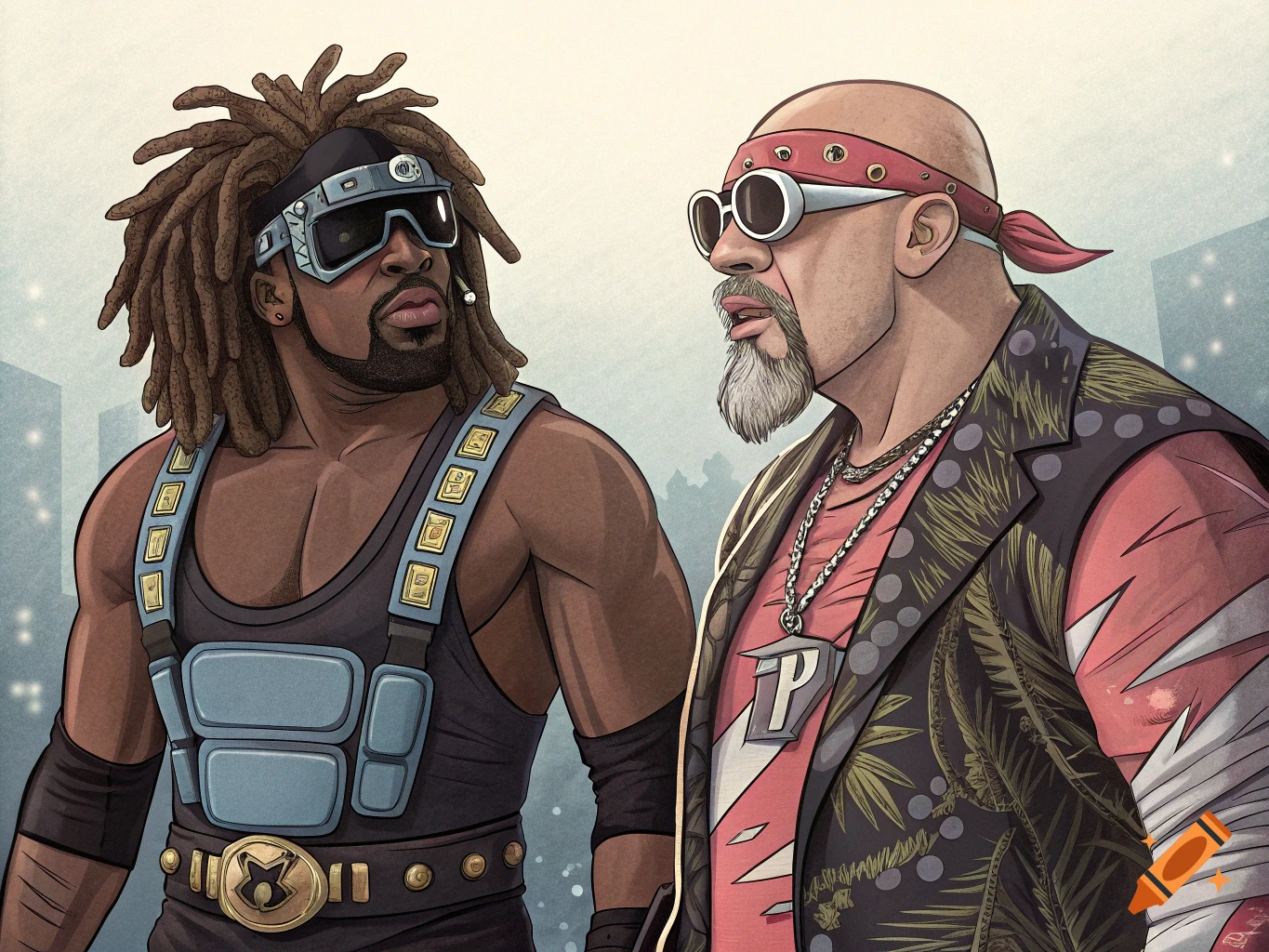 Two stylized male characters in a comic book art style, one with dreadlocks and sunglasses, the other bald with a bandana and beard, stand facing each other.