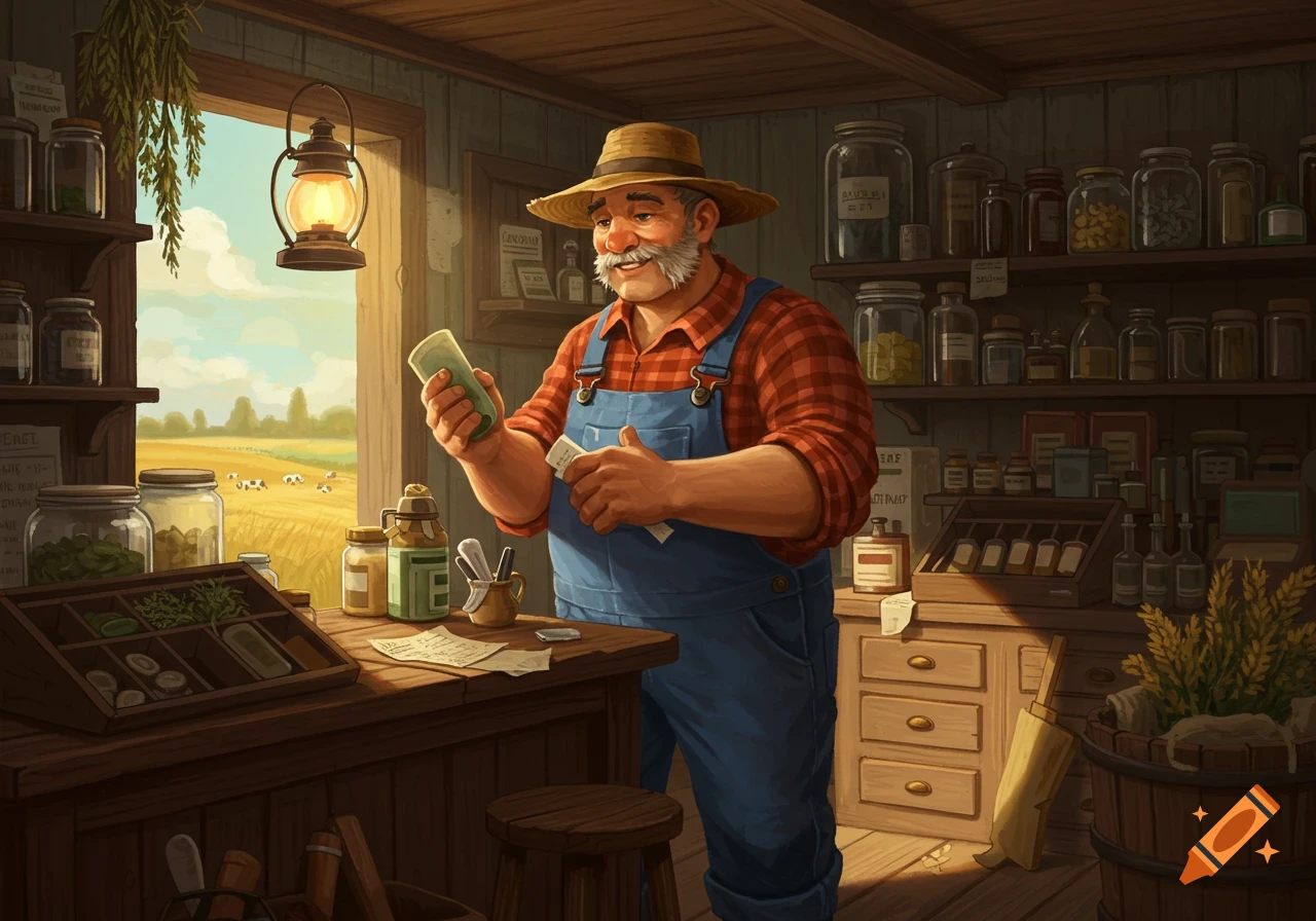 A smiling farmer with a straw hat and overalls stands in a rustic shop, holding and examining a green bottle. Jars of herbs and bottles line wooden shelves in the background.