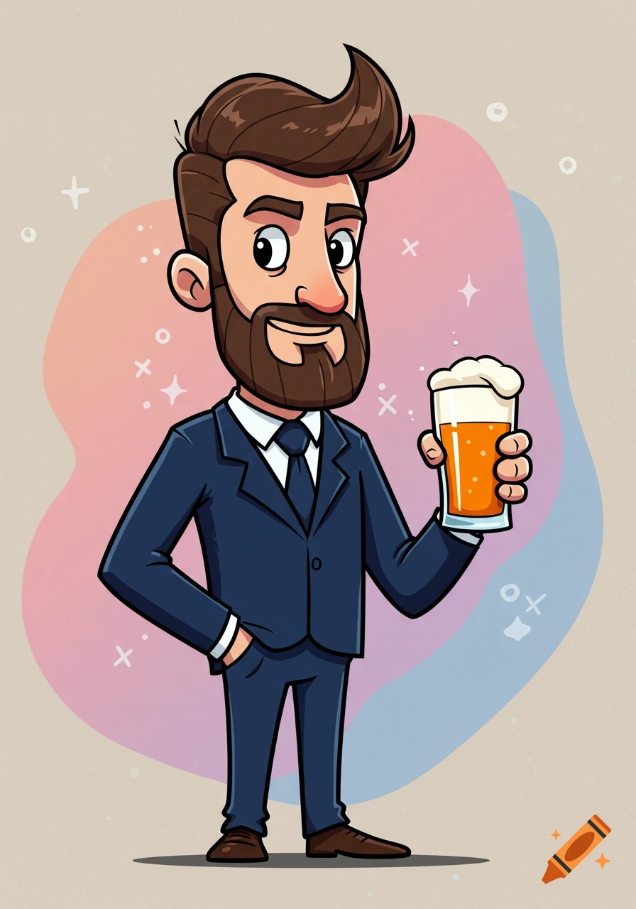 A cartoon man with a beard and brown hair, wearing a blue suit, holding a glass of beer, against a colorful abstract background.