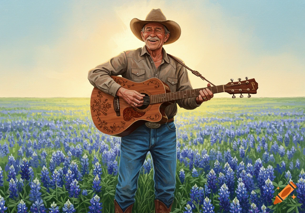 Smiling old cowboy in a hat and boots plays an acoustic guitar in a vibrant field of purple bluebonnet flowers under a bright sky.