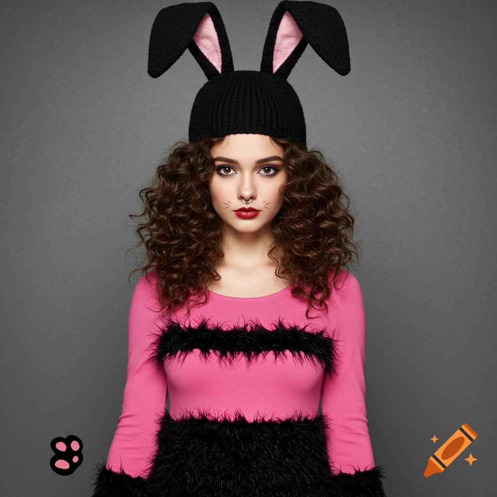 Young woman with curly hair wearing a black rabbit ear hat and a pink dress with black fur, with drawn whiskers and a nose ring, standing against a gray background.