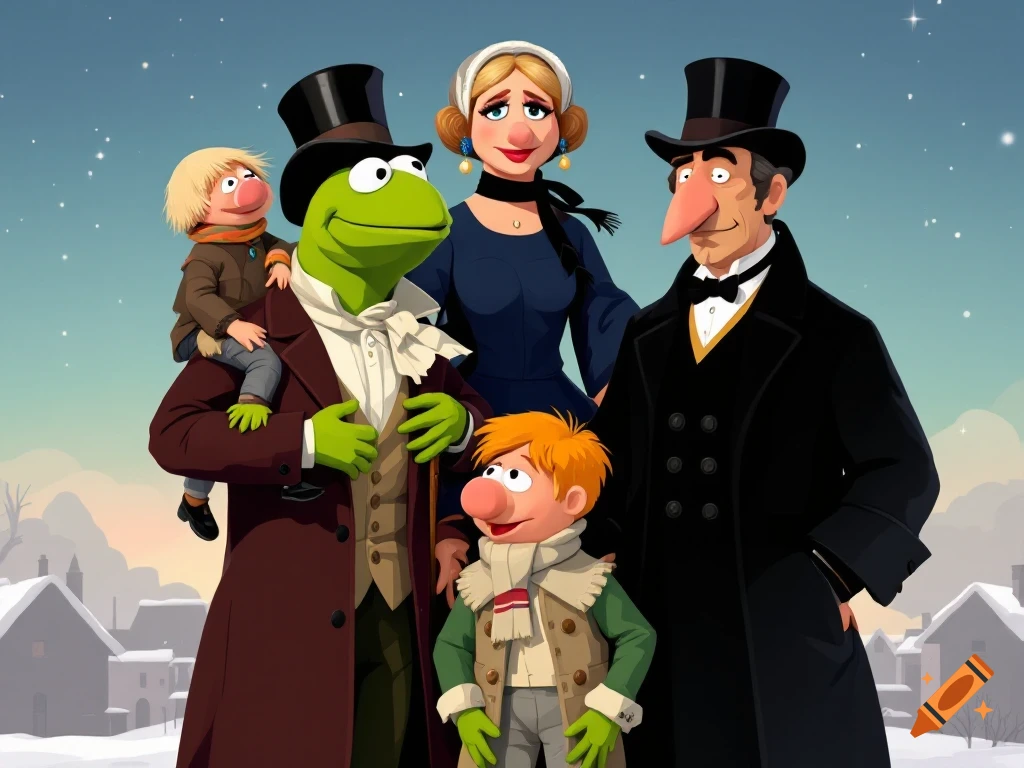 Muppet characters Kermit, Miss Piggy, Tiny Tim, and Scrooge in a winter village scene, animated vector style.