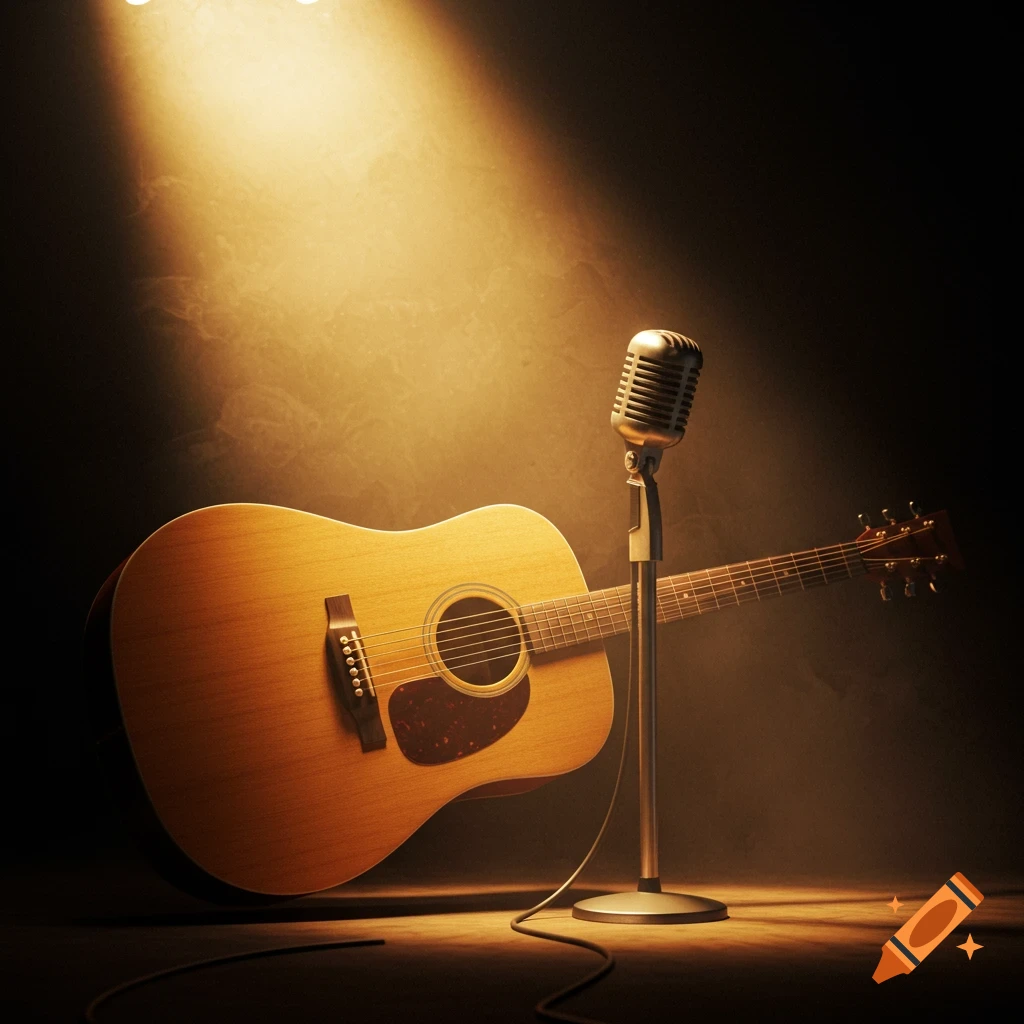A photorealistic image of an acoustic guitar and a vintage microphone illuminated by a golden spotlight on a dark stage.
