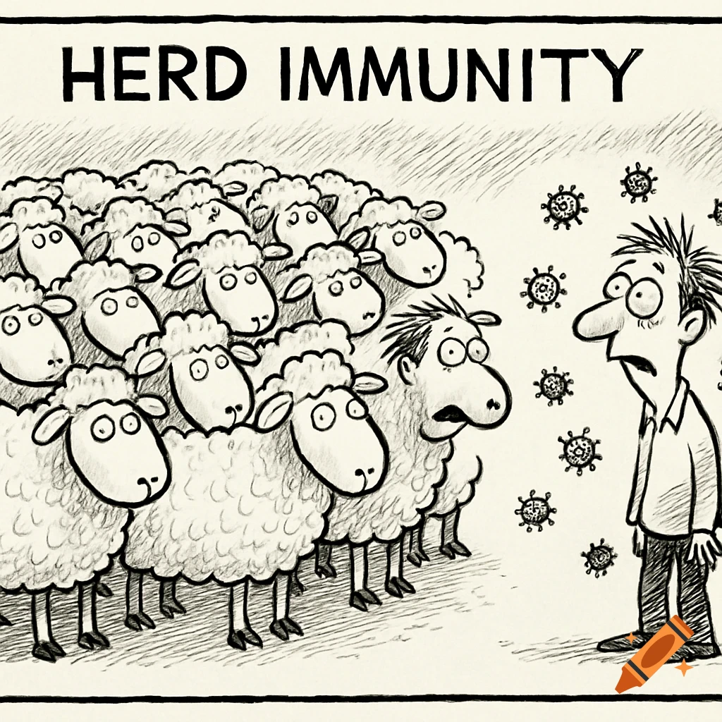 Black and white editorial cartoon titled 'HERD IMMUNITY' showing sheep and a man looking at virus particles.
