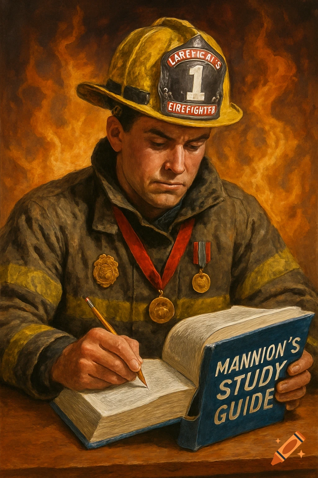 A man in a firefighter's uniform and yellow helmet sits at a table, intently writing in a blue study guide book. Flames are visible in the background, in a painterly style.