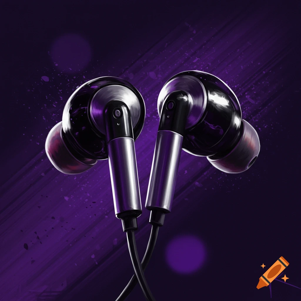 Close-up of two black, silver, and purple earbuds with a vibrant purple background and splatter effects.