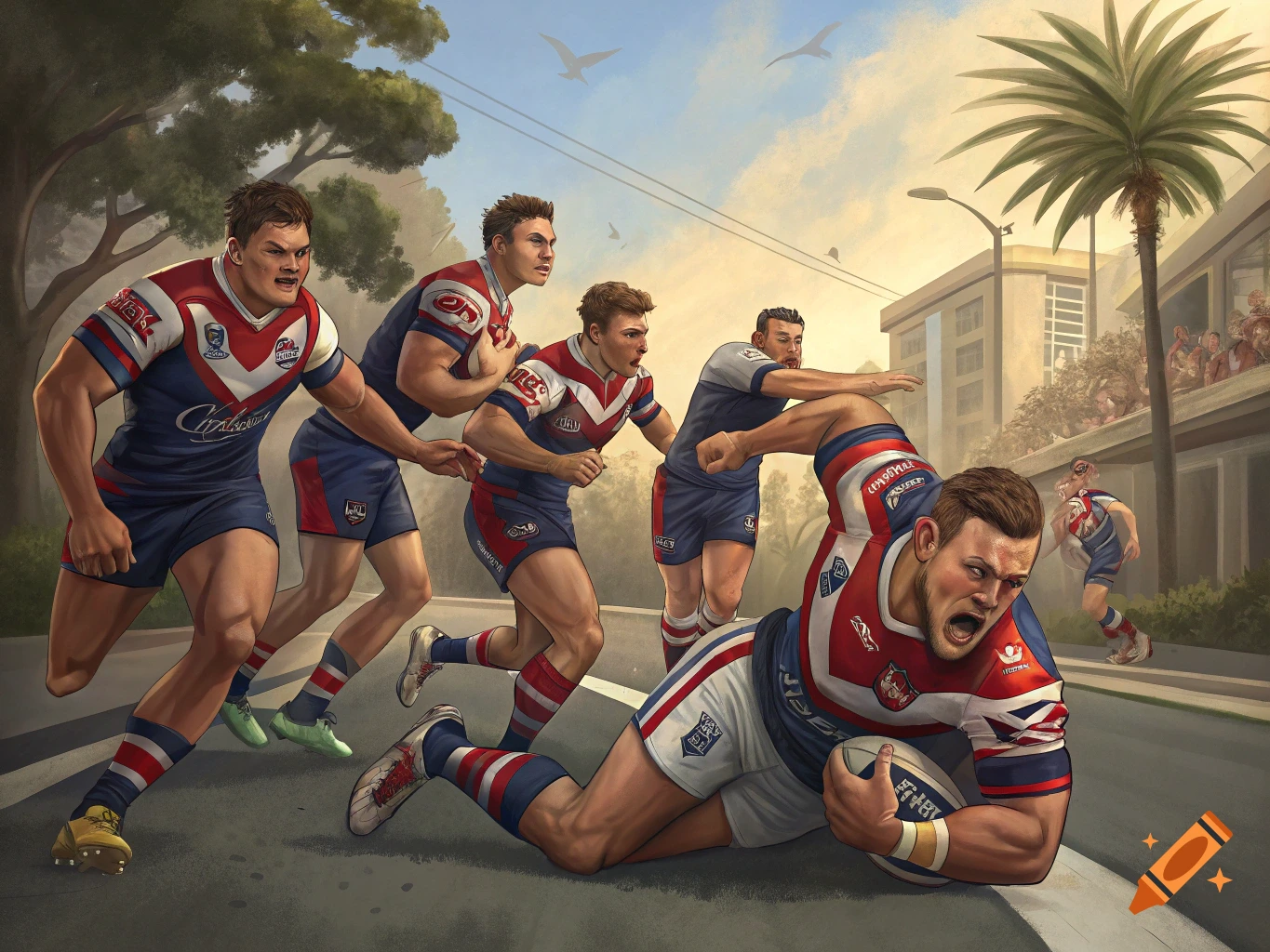 An illustration of rugby players in action, with one player on the ground holding the ball while others run towards him on a street, with onlookers in the background.