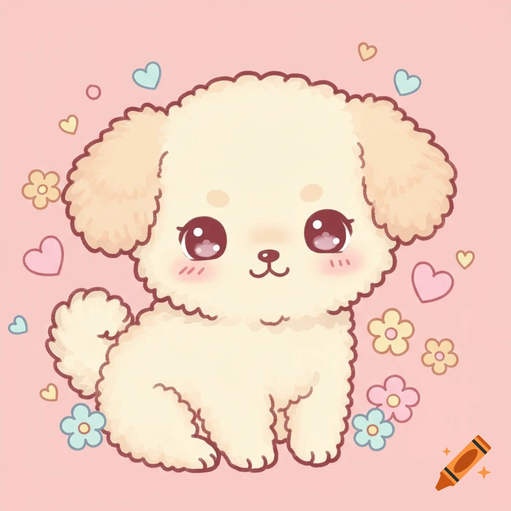 A cute fluffy light brown kawaii puppy illustration with big sparkling eyes, surrounded by pastel hearts and flowers, on a pink background.