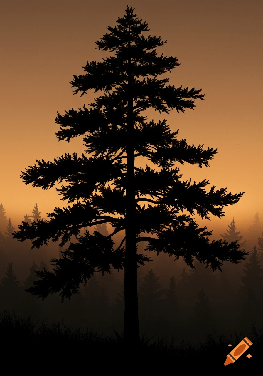 A black silhouette of a large pine tree stands against an orange, hazy sky with distant forest silhouettes.
