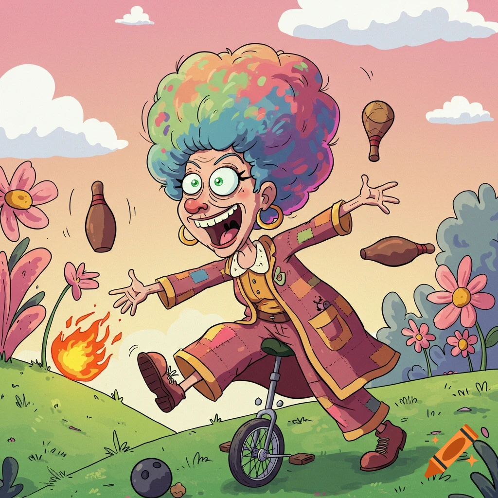 A joyful, colorful cartoon old lady with a rainbow afro rides a unicycle on a grassy hill, juggling bowling pins and clubs, with a small fire nearby.