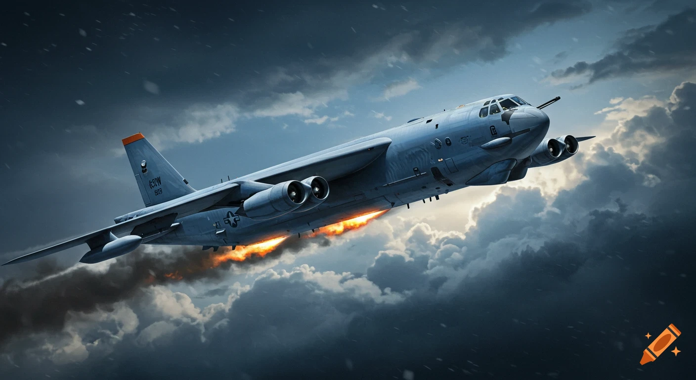 A large grey strategic bomber flies through dark, stormy clouds, its engines blazing with fire, captured in a photorealistic style.