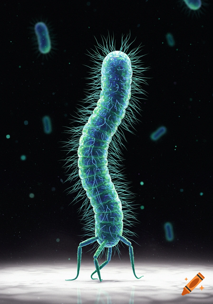 A detailed, photorealistic rendering of a tall, walking bacterium with green and blue translucent body and thin appendages.