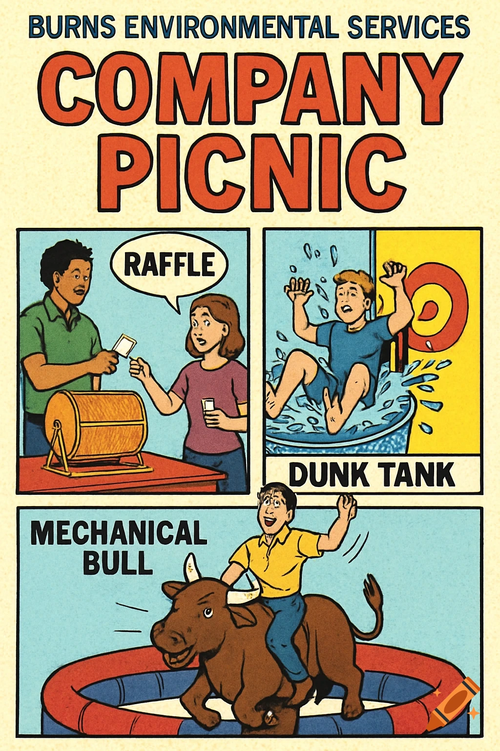 A retro comic book style flyer for a company picnic, showing scenes of a raffle, a dunk tank, and a mechanical bull ride.
