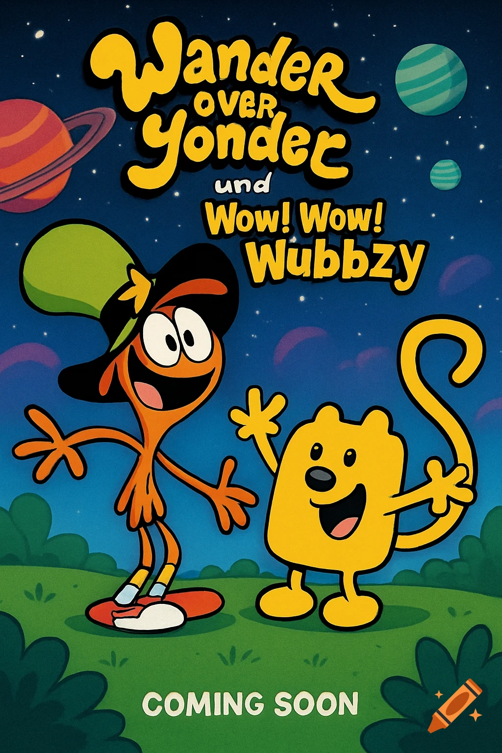 A cartoon movie poster featuring Wander from Wander Over Yonder and Wubbzy from Wow! Wow! Wubbzy, standing on grass under a starry night sky with planets.