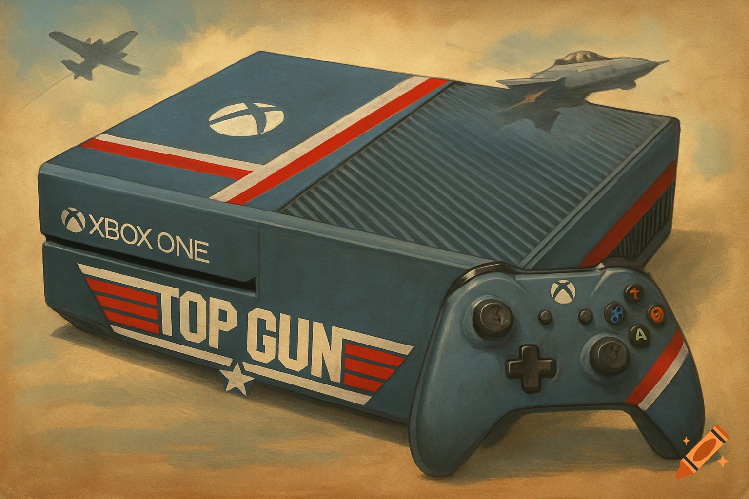 A custom blue Xbox One console and controller with red and white stripes and 'TOP GUN' branding, featuring a fighter jet figurine and another plane in the sky, painted in a retro style.