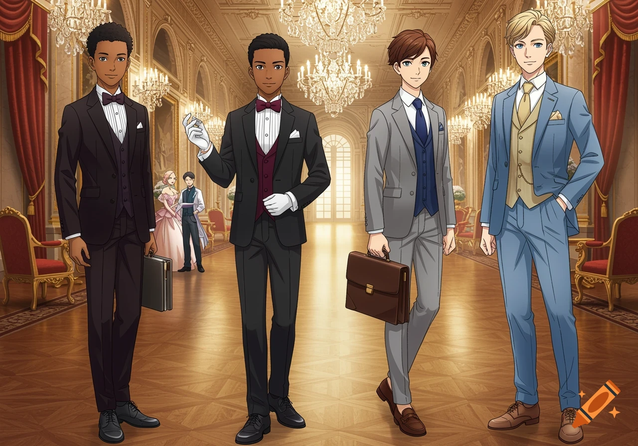 Four young anime men in various suits and tuxedos stand in a grand, ornate ballroom with chandeliers.