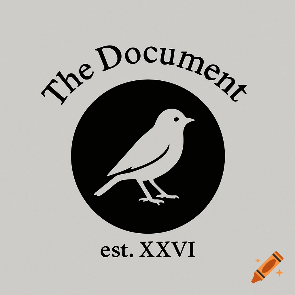 A black circle with a white bird silhouette. Above the circle, 'The Document' is curved, and below, 'est. XXVI'.